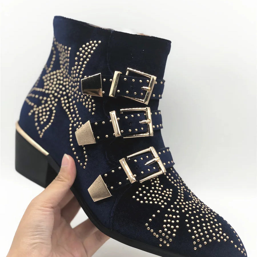 Women's Ankle Boots Rivet Flower Susanna Studded Cowboy Boots Genuine Leather Luxury Shoes Ladies Botines Mujer