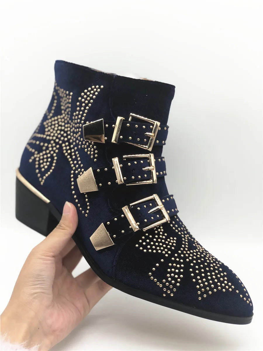 Women's Ankle Boots Rivet Flower Susanna Studded Cowboy Boots Genuine Leather Luxury Shoes Ladies Botines Mujer