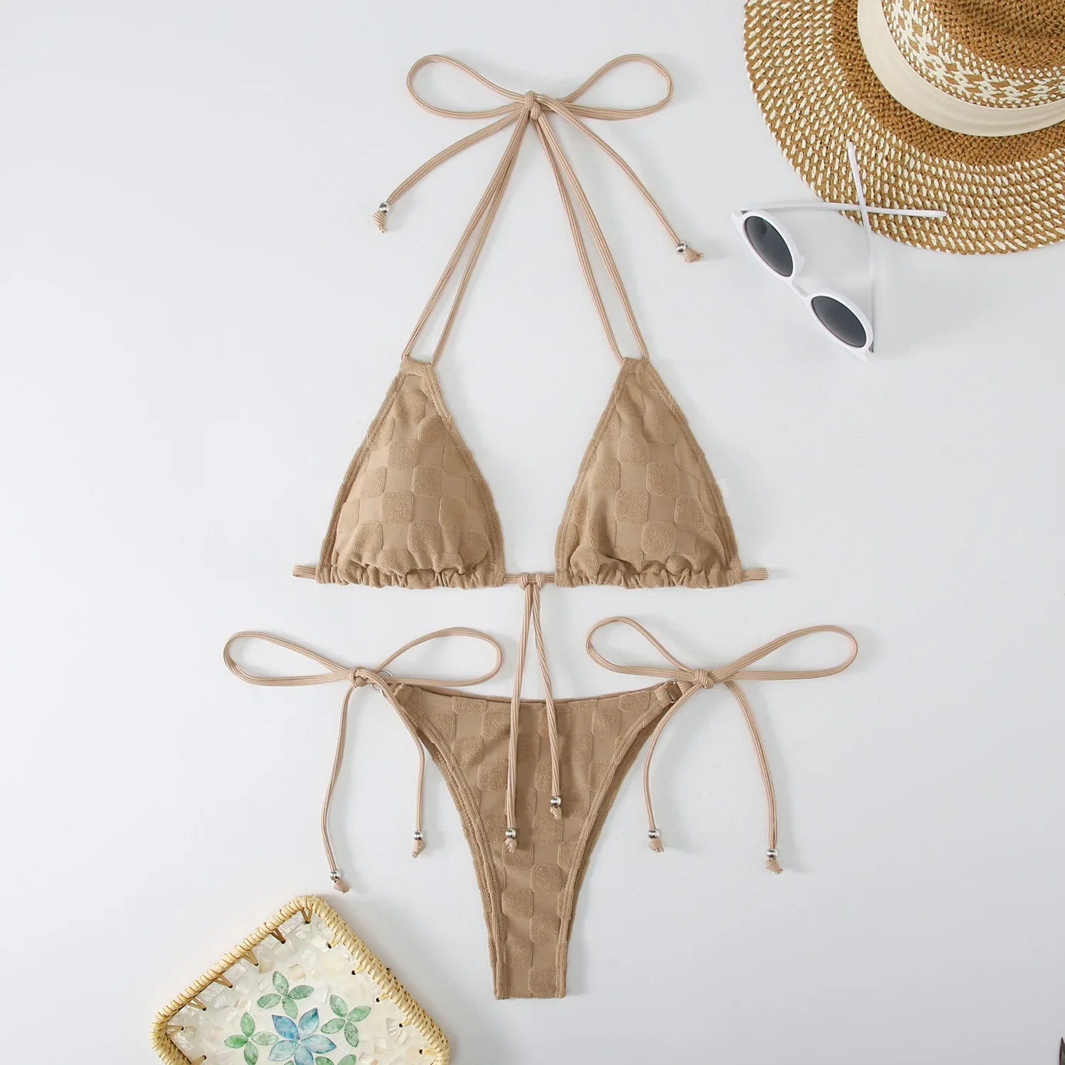 New Style Bikinis Set Sexy Solid Plaid Bikini Swimsuit Push Up Swim Swimwear 2 Piece Colorful Biquinis Light brown