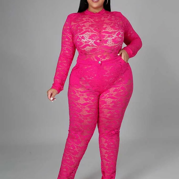 Chic and Elegant Woman Set Night Club Wear Plus Size Women Hot Outfit Transparent Lace Bodysuit and Pants Sexy Festival Outfit