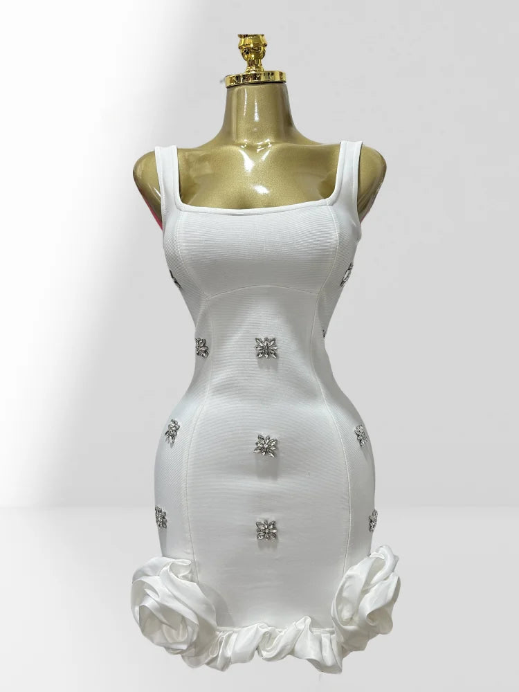 2025 Summer Shining Diamonds Sleeveless Sexy Bodycon Mini Bandage Dress Ruffles Celebrate Evening Party Birthday Outfit Vestido