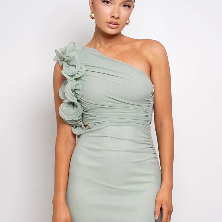 Shoulder Floral Mesh Ruched Sexy Maxi Dress For Women Gown Oblique Shoulder Sleeveless Backless Bodycon Long Dress