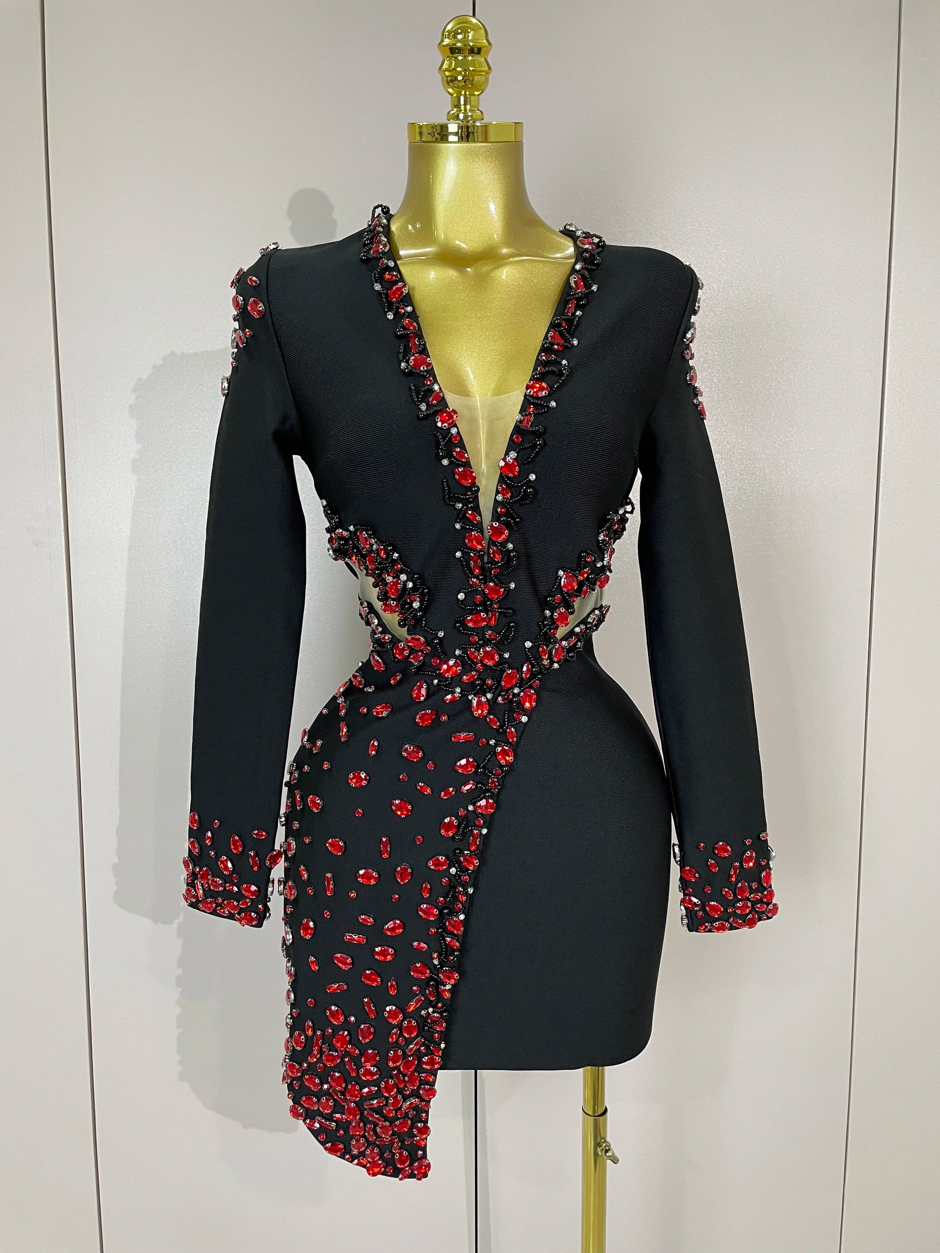 Women Celebrity Sexy Long Sleeve V Neck Rhinestone Black Bandage Dress 2025 Elegant Evening Club Luxury Birthday Party Dresses