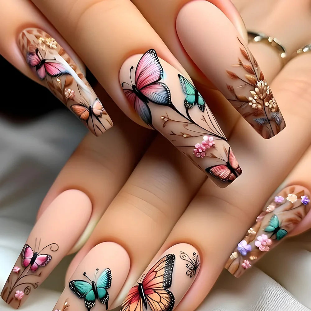 Fake Nails Full Cover Leaf Butterfly Design Art with Glue Wearing French Ballet False Nails Detachable Mid-length Manicure 24Pcs