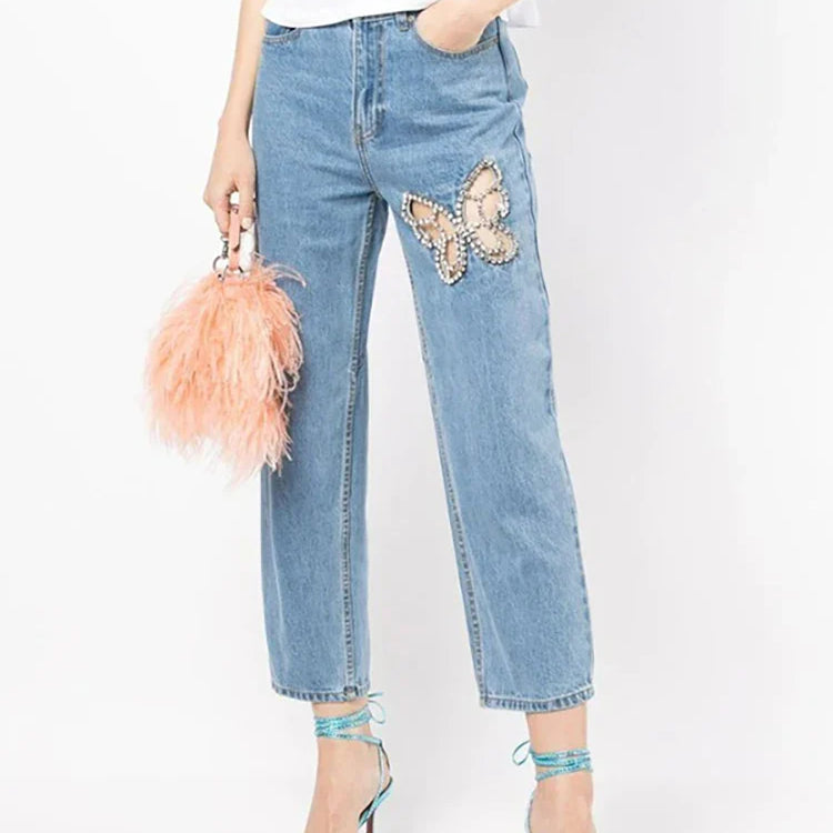 DEAT Women Notched Collar Diamond Tassel Short Denim Coat High Waist Butterfly Hollow Out Jeans Summer New Fashion 29L2717