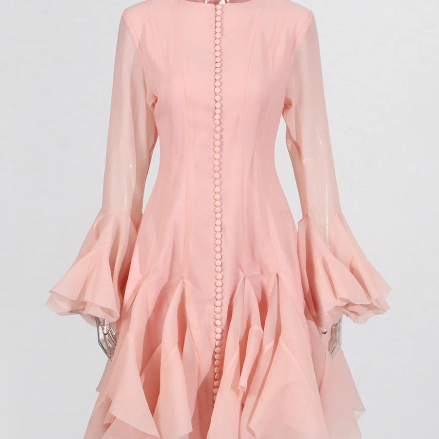 TWOTWINSTYLE Solid Spliced Button Slimming Dresses For Women O Neck Long Sleeve High Waist Patchwork Ruffles Female Fashion