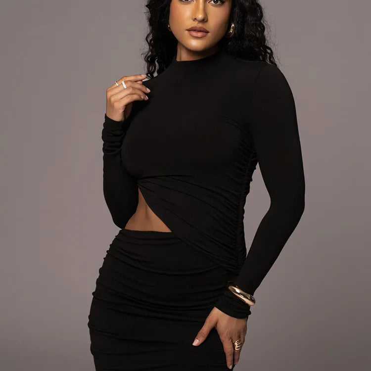 Solid Casual Sexy Women's Dresses Fashion Hollow O-Neck Long Sleeve Streetwear Slim Skinny Bodycon Vestidos Robes Female