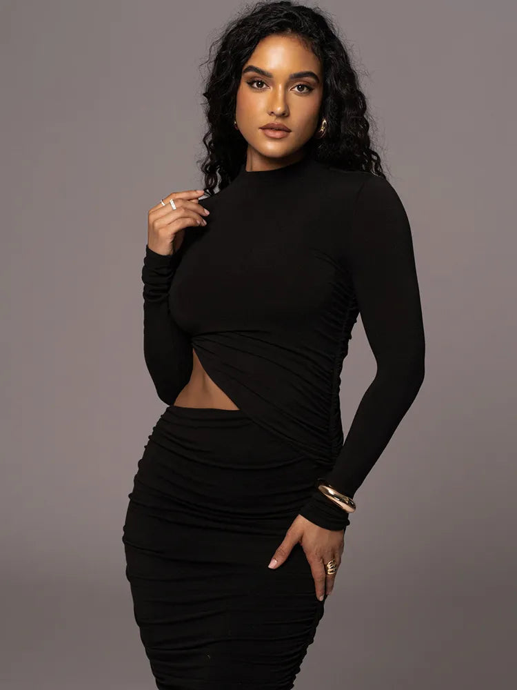 Solid Casual Sexy Women's Dresses Fashion Hollow O-Neck Long Sleeve Streetwear Slim Skinny Bodycon Vestidos Robes Female