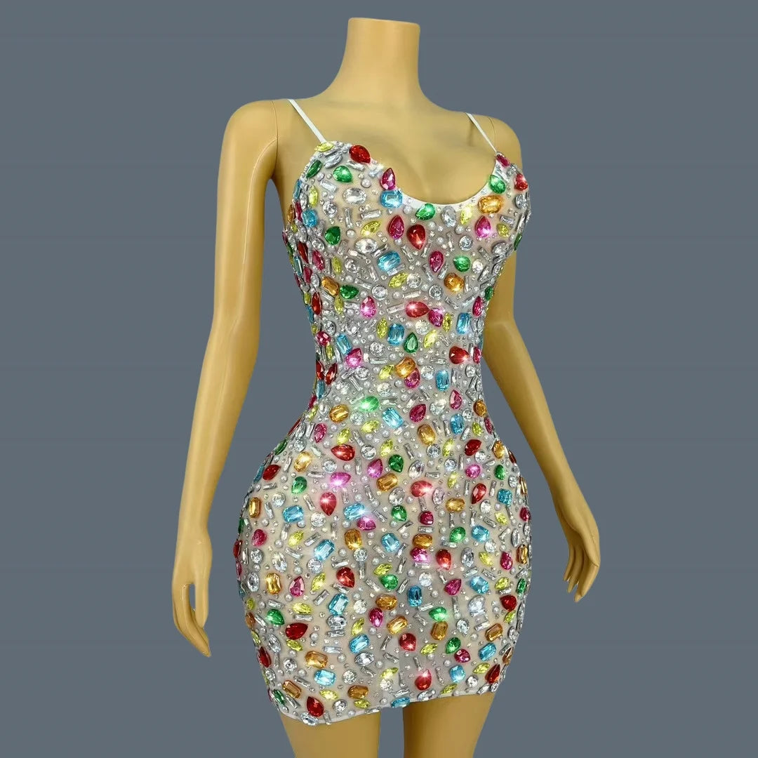 2025Multicolour Sparkly Rhinestone Sexy Strap Dress Women Nightclub Prom Skinny Dress Birthday Celebrate Prom Mini Dress Caixing