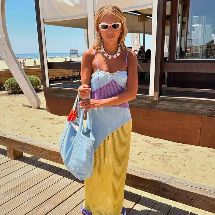 Contrast Color Patchwork Knit Dress Women Sexy Off Shoulder Sleeveless Long Dress Summer Lady Beach Holiday Party Vestidos
