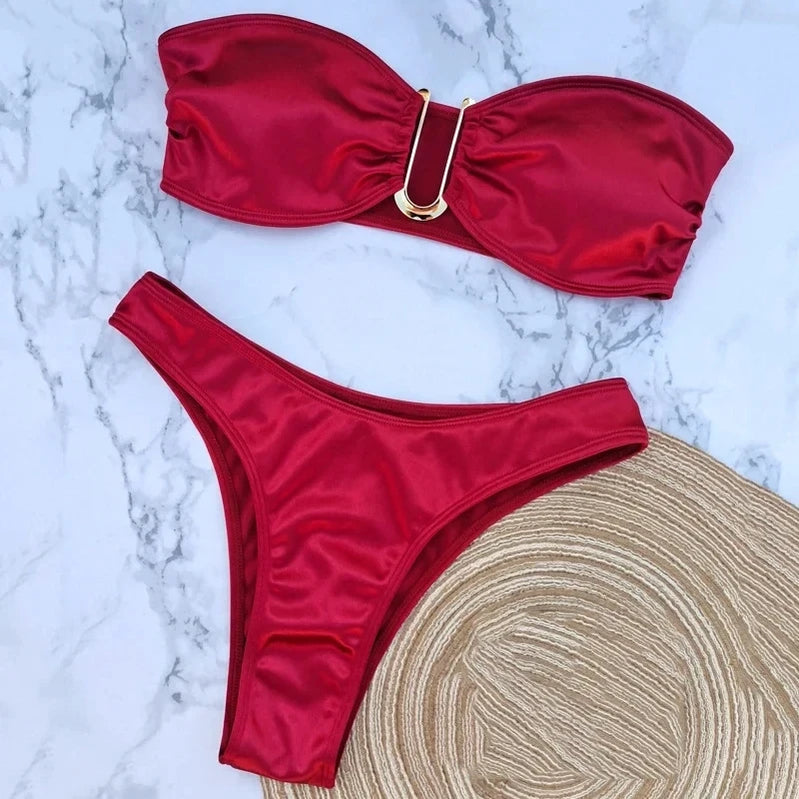 Sexy U Shaped Bandeau Bikinis Set Mujer Strapless Swimwear Women Gold Swimsuit Bathing Suit Biquinis Brazilian Bikini Swim 2024 Red