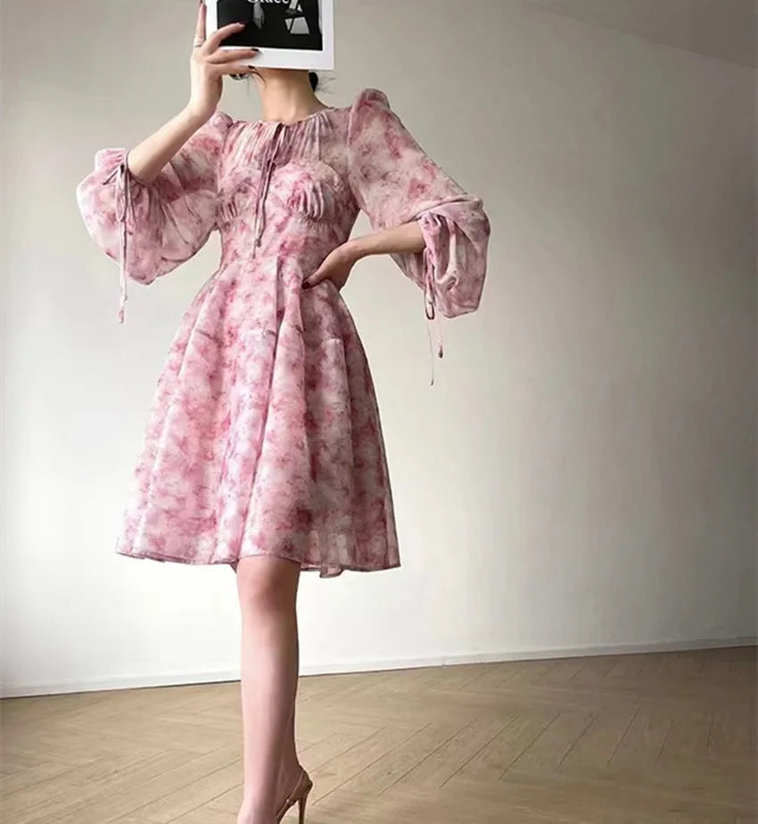 Chic French Elegant Spring Pink Printing Holiday Dress For Women Lace Up O Neck Lantern Sleeve Flower Chiffon High Waist Dresses