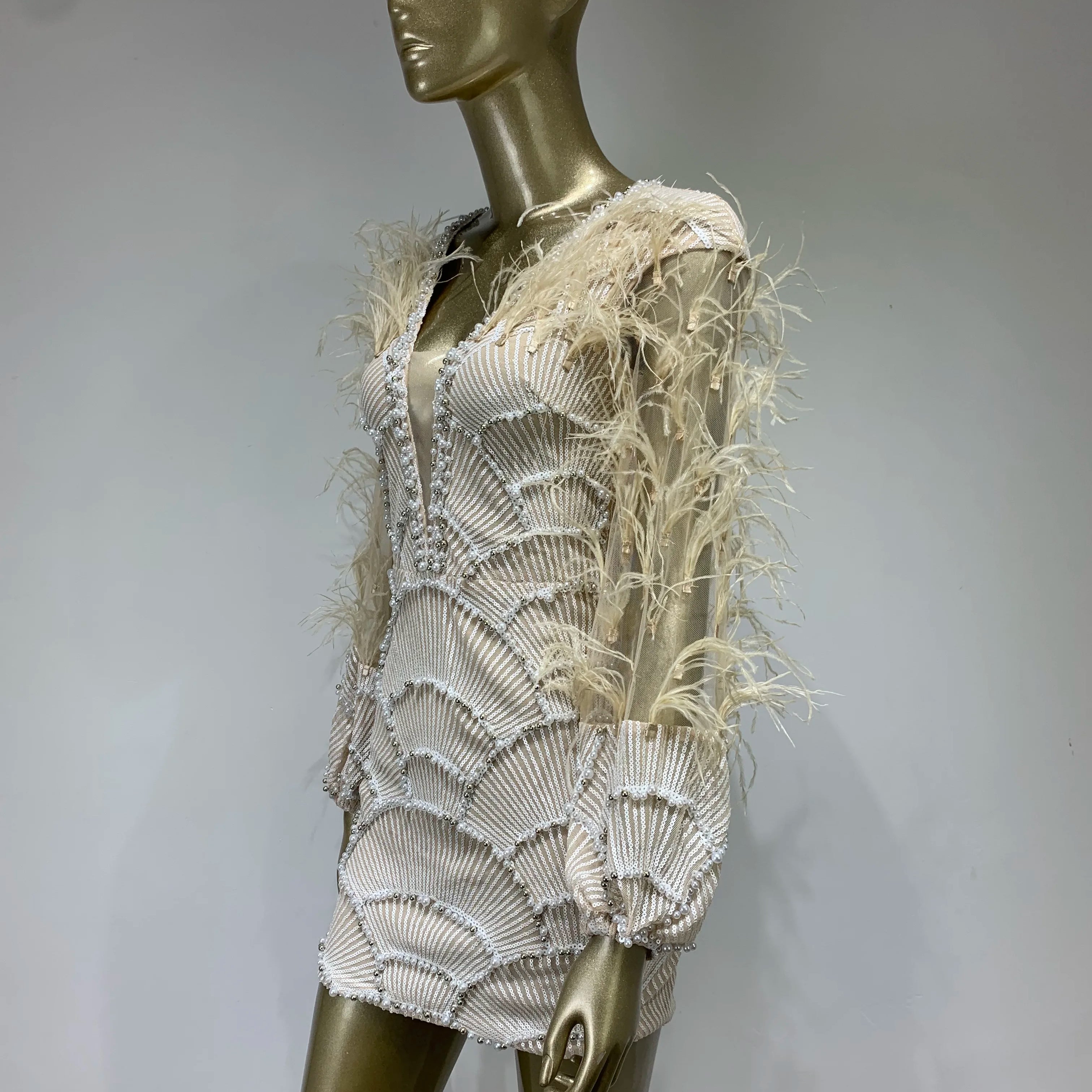 Women Summer Sexy Long Sleeve Beige Sequins Mesh Pearl Feather Mini Bodycon Gowns Dress 2023 Elegant Evening Party Club Dress
