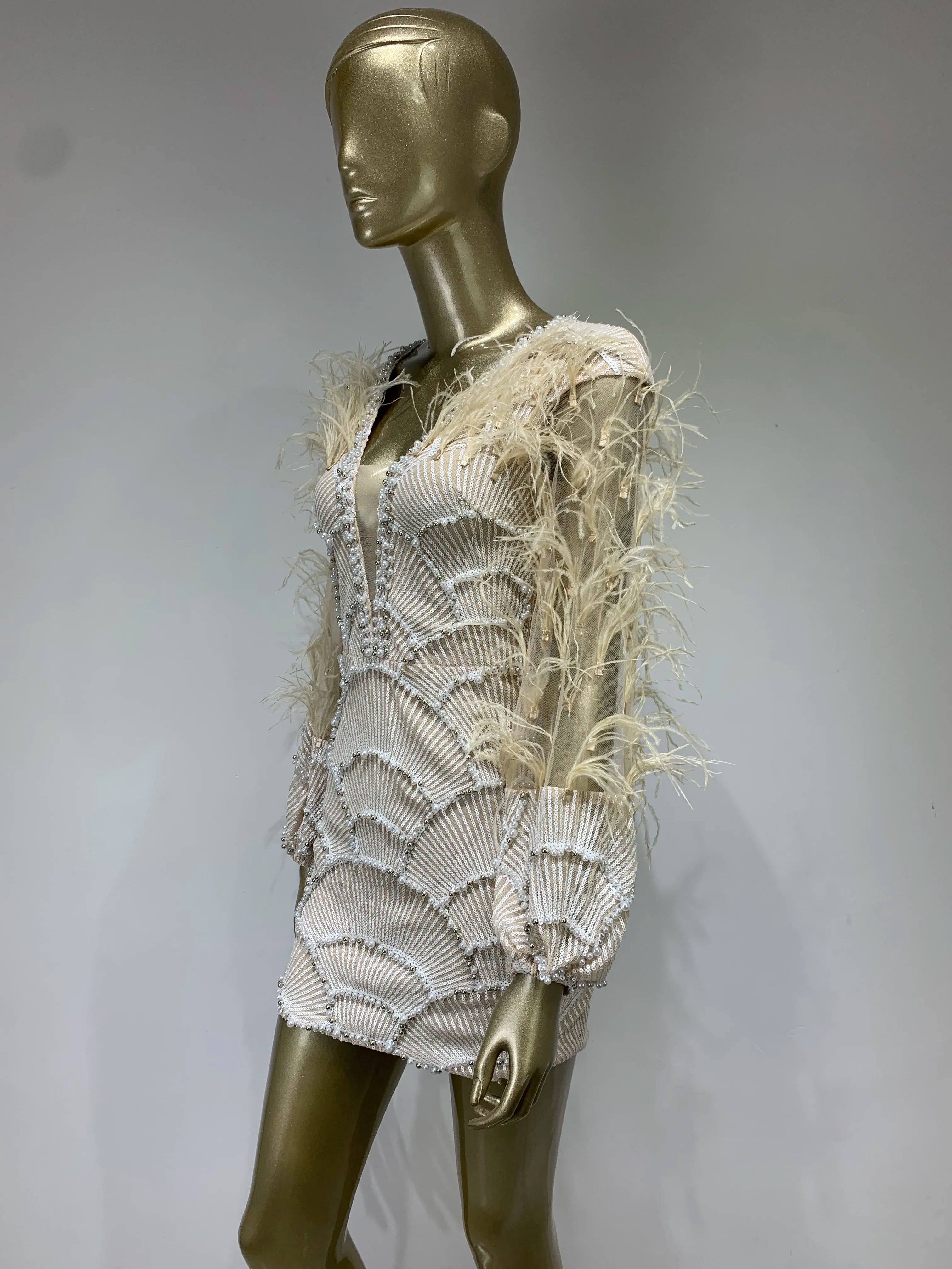 Women Summer Sexy Long Sleeve Beige Sequins Mesh Pearl Feather Mini Bodycon Gowns Dress 2023 Elegant Evening Party Club Dress