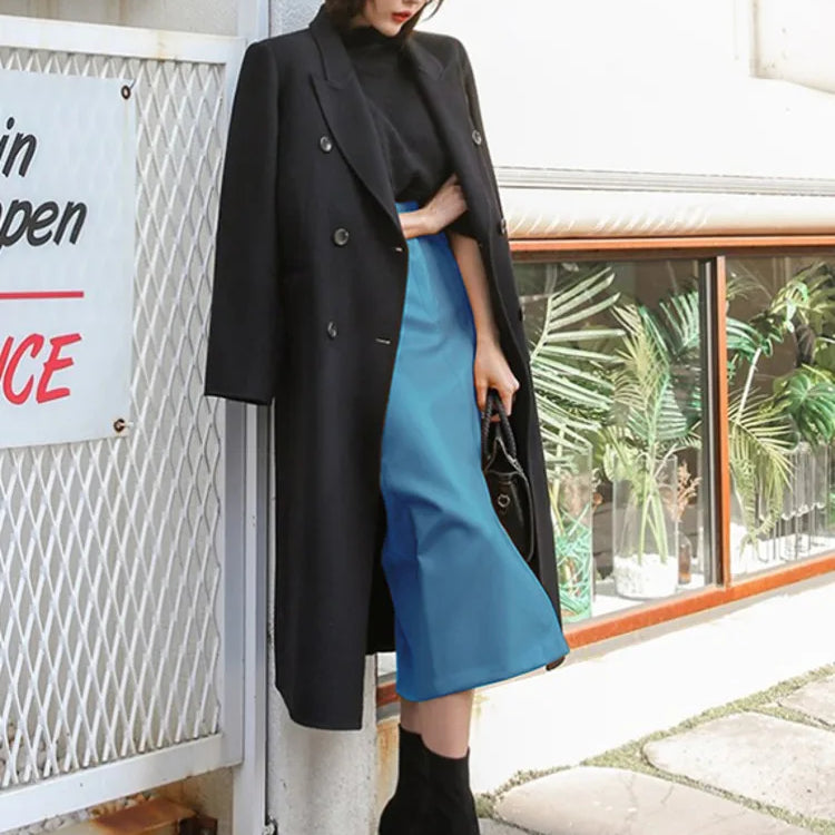 DEAT Fast Delivery New Fashion Korean Female PU Leather High Quality Mid-calf Length Spit Sexy High Waist Skirt AY095