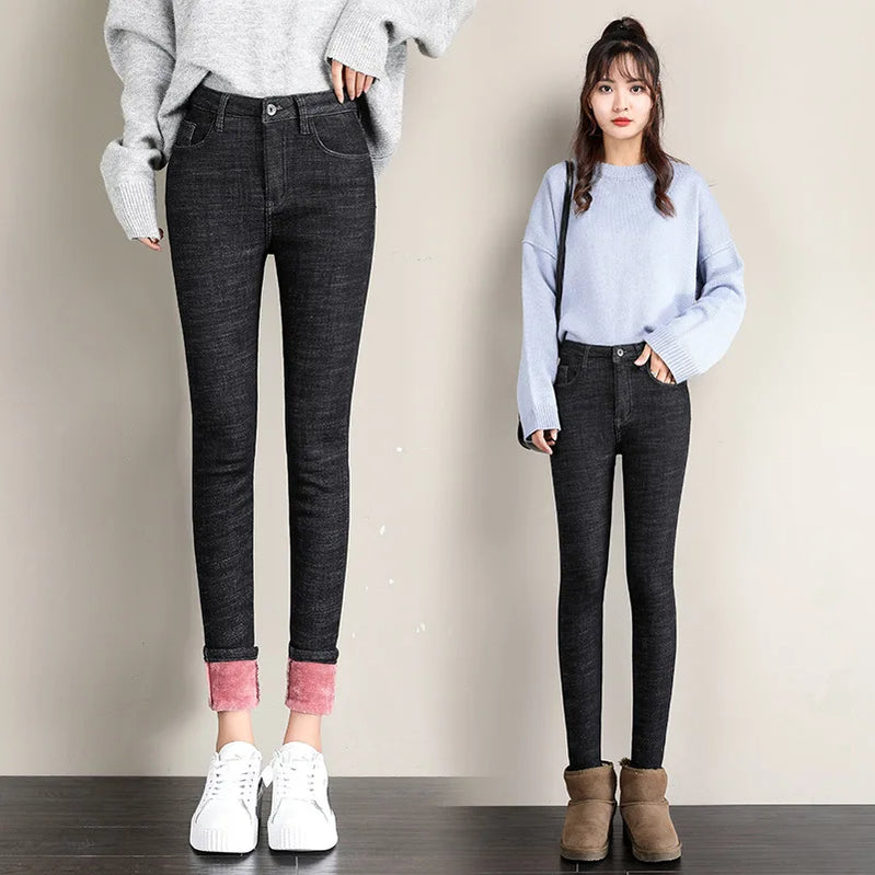 Winter Women`s Fleece Lined Jeans High Waist Thick Comfy Warm Stretchy Denim Pants Trousers For Girls Black powder