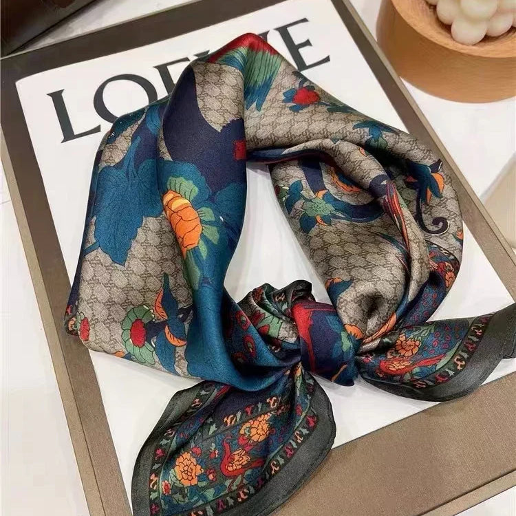 BYSIFA| New Grey Blue Silk Scarf Fashion Floral Design 70cm Square Scarves Fall Winter Neck Scarf Hijab Sweet Headband 65*65cm grey blue