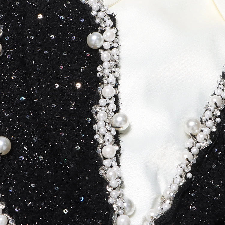 TWOTWINSTYLE Colorblock Patchwork Sequins Dress For Women Lapel Long Sleeve High Waist Spliced Pearls Elegant Dresses Female New