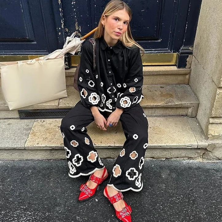Spring Autumn Fashion Women Flower Hollow Out embroidery Pants Set Retro Lapel Long Lantern Sleeve Shirt Suit Streetwear flower embroidery