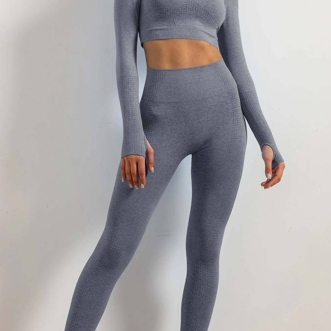 Set of 2 Women's Seamless Yoga Suit with Thumb Holes Long Sleeve Tops Gym Wear Fitness Workout Yoga Wear Leggings Long Pants Silver