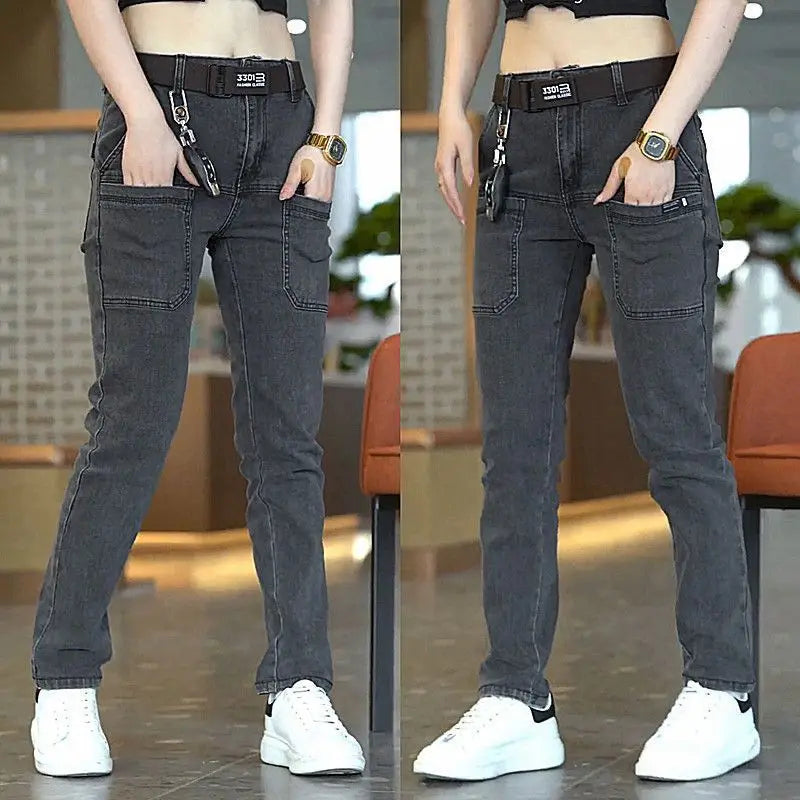 Korea Men Jeans Y2K Cargo Pants Spring Autumn Casual Blue Gray Denim Streetwear Straight Jeans Male Trousers Clothing Gray