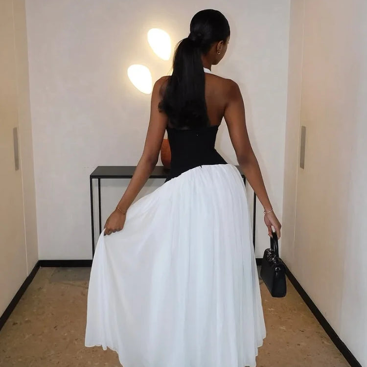 Elegant Contrasting Woman Long Dresses New Summer Sexy V Neck High Waist A-line Midi Vestidos Lady Evening Sleeveless Club Robes