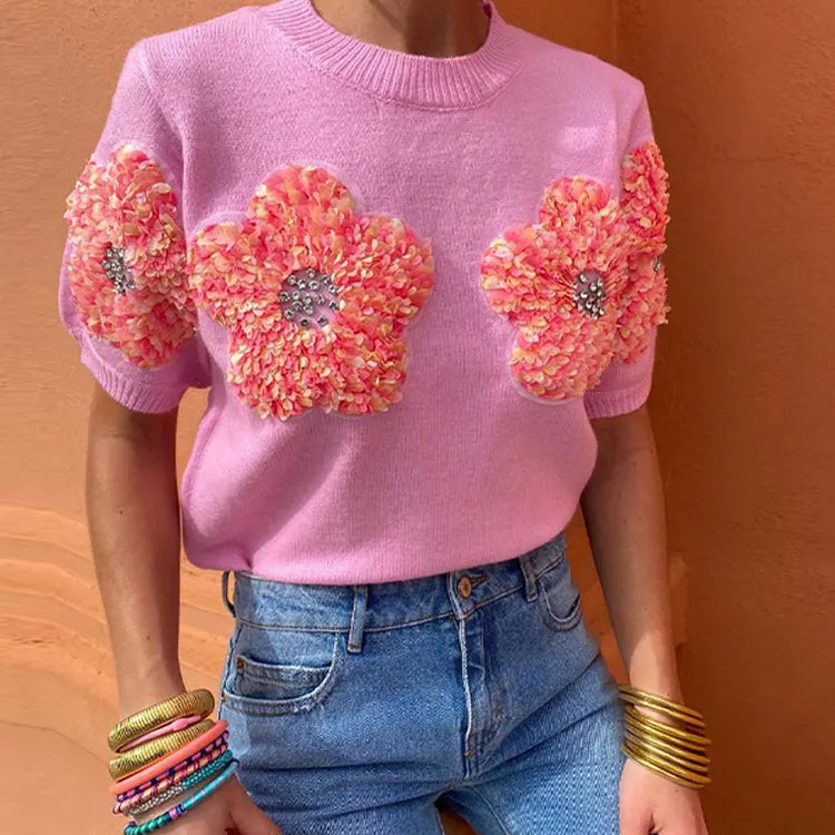 Fashion Women 3D Flower Knitted Sweater Elegant Lady O Neck Short Sleeved Pullover Tops Chic Female Commute Street Outfits