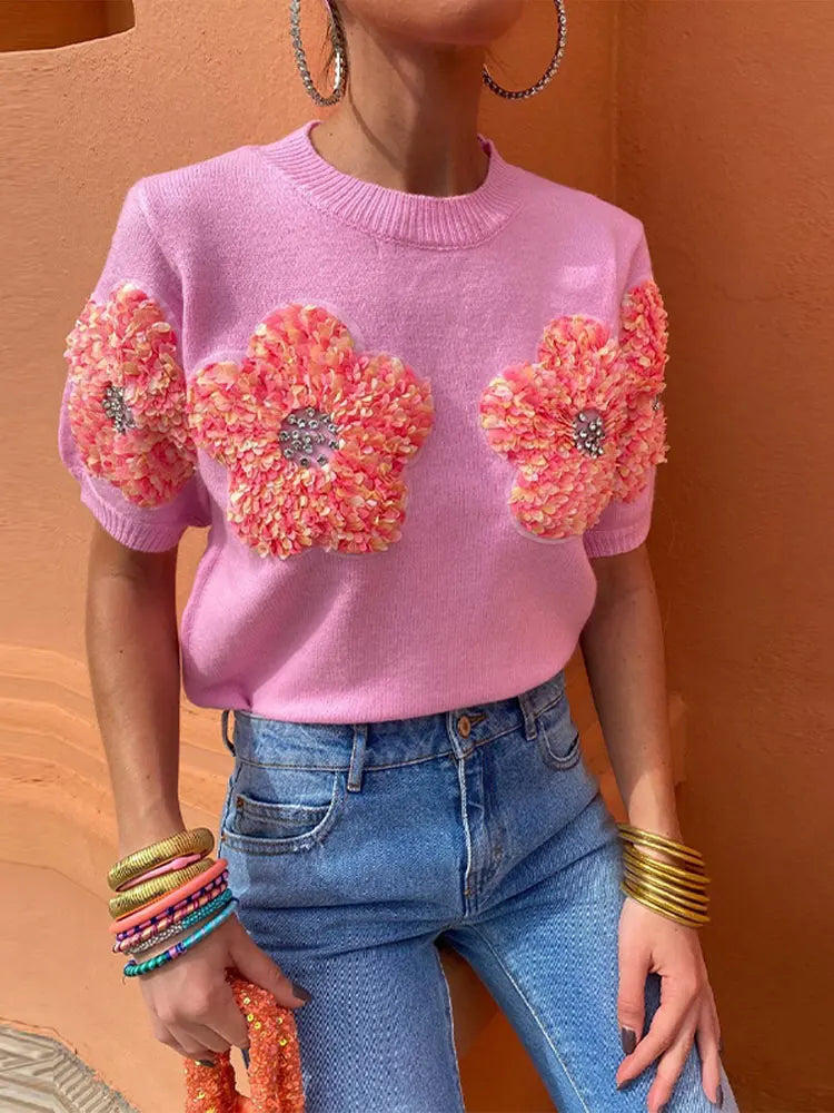 Fashion Women 3D Flower Knitted Sweater Elegant Lady O Neck Short Sleeved Pullover Tops Chic Female Commute Street Outfits