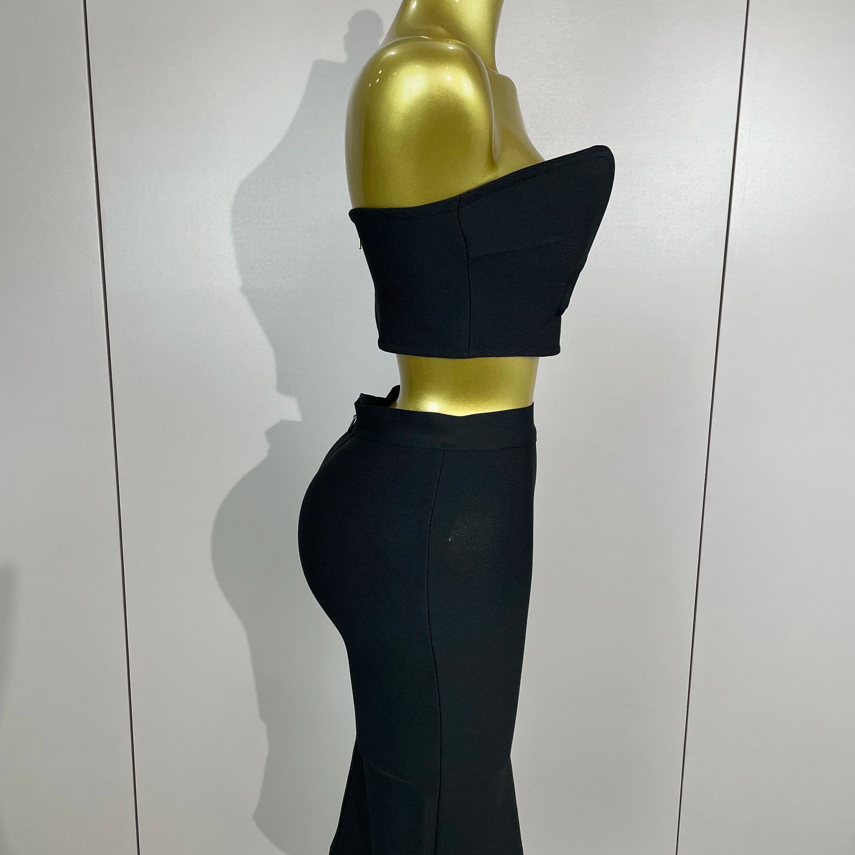 2025 Women Sexy Strapless Backless Black Bandage Two Piece Suit Celebrity Designer Fashion Birthday Gown Evening Prom Costume