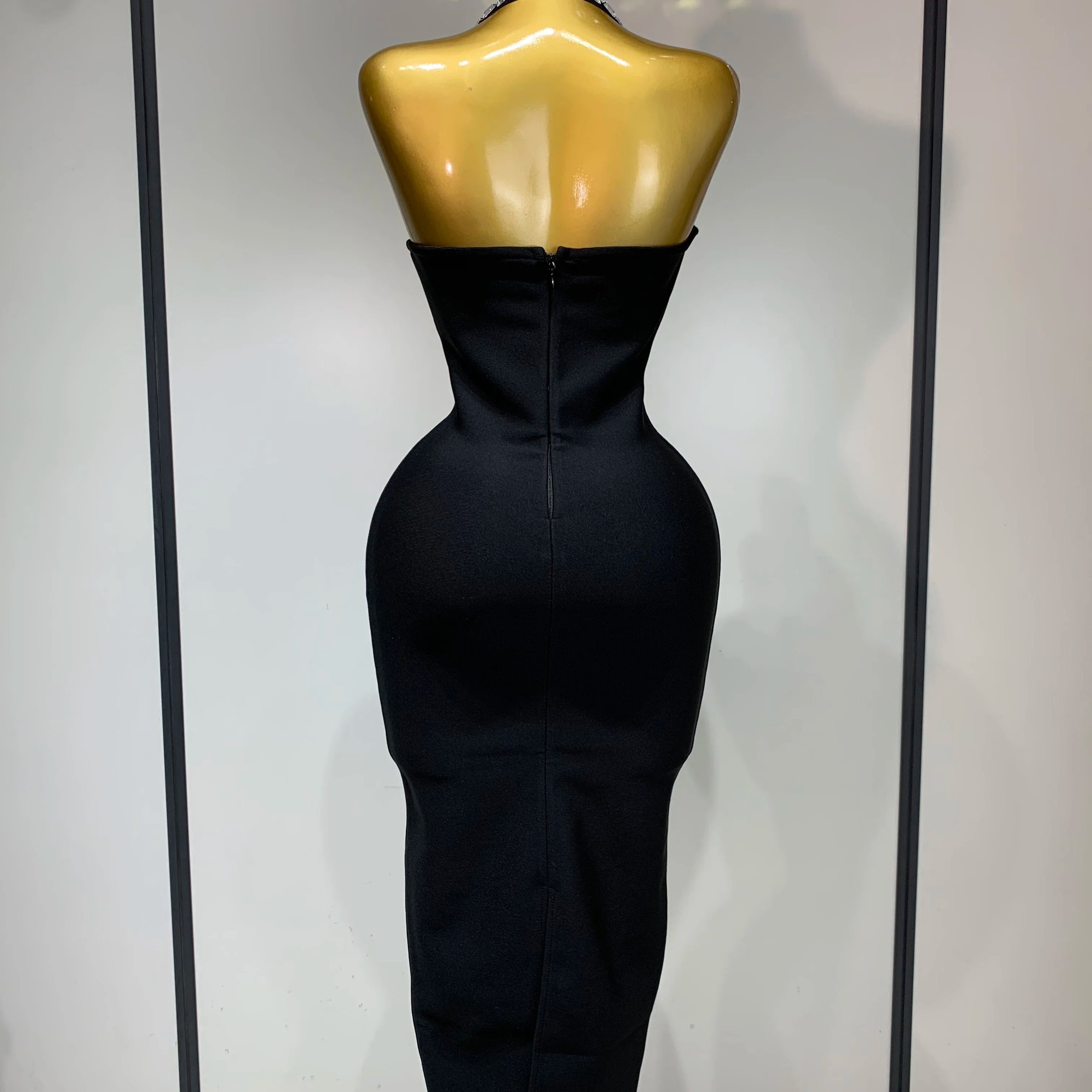 Vestido feminino sexy frente única com losangos, preto, sem mangas, colado ao corpo, vestido de festa para noite, vestido de aniversário de luxo