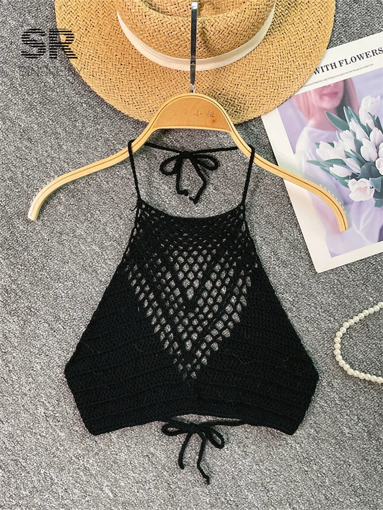 SINGREINY Summer Knit Camisole Women Hollow Out Design Solid Backless Halter Retro Fashion Ladies Sexy Beach Slim Tank Top black One Size