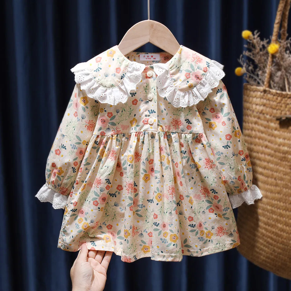 Baby Girls Floral Princess Dress Spring Autumn Korean Style Long Sleeve Big Turn Down Collar Kids Girl Dresses Summer 2024 New