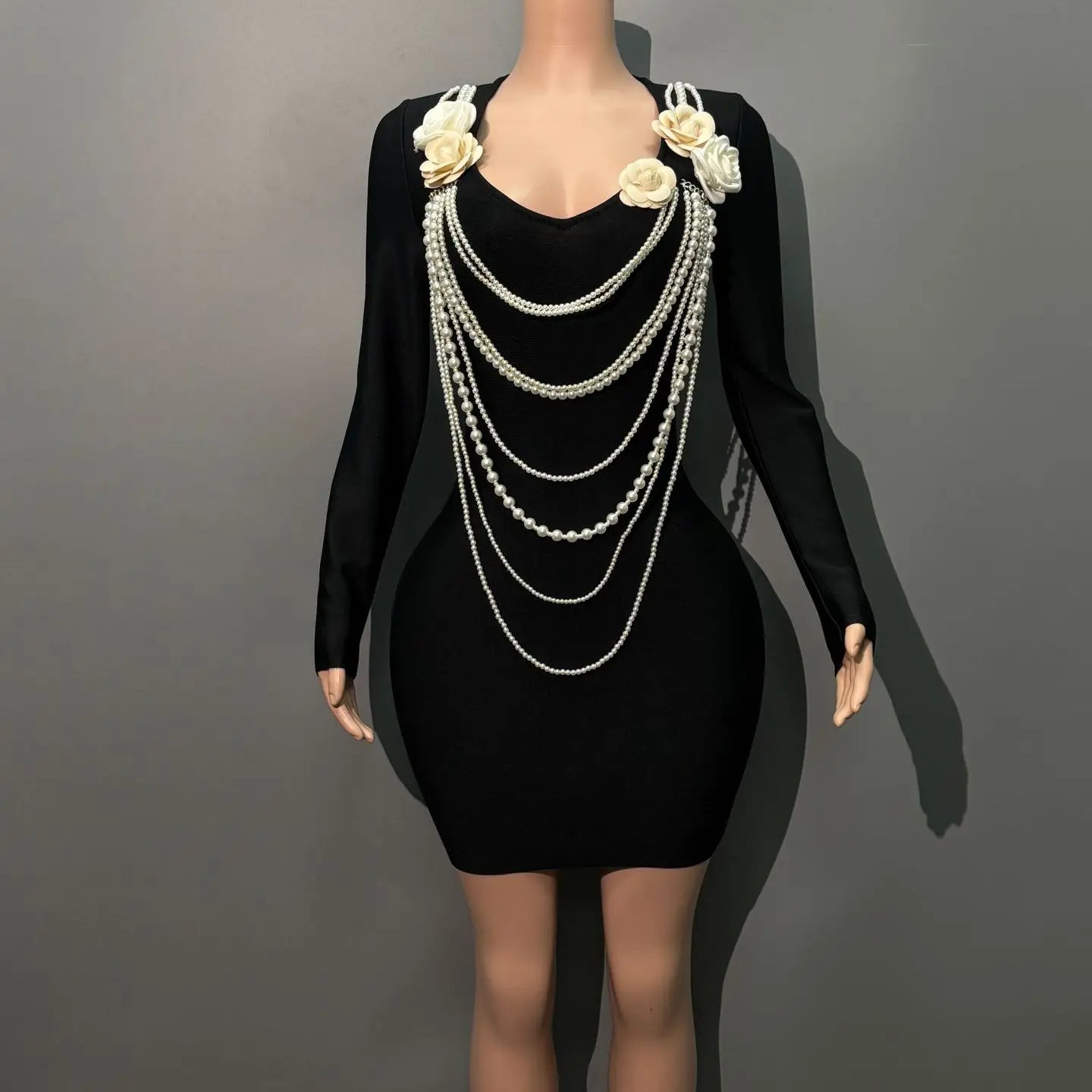 Black Color Women Long Sleeve Pearl Beading Bodycon Mini Bandage Dress Nightclub Party Celebrate Birthday Vacation Outfit