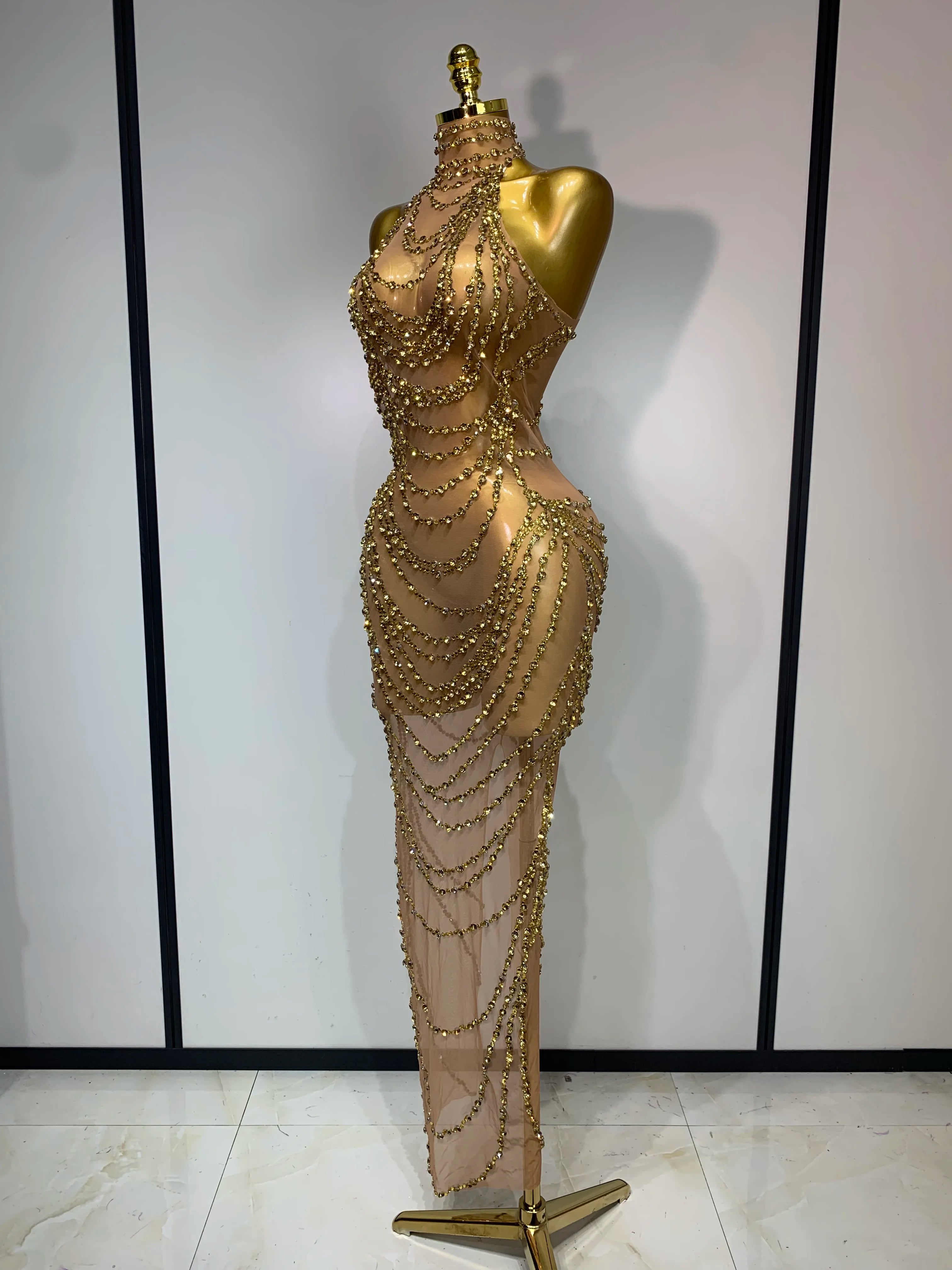 Sparkly Rhinestone Sexy Transparent Mesh Long Dress 2025 Women Luxury Birthday Club Party Gown Stage Singer Performance Costume