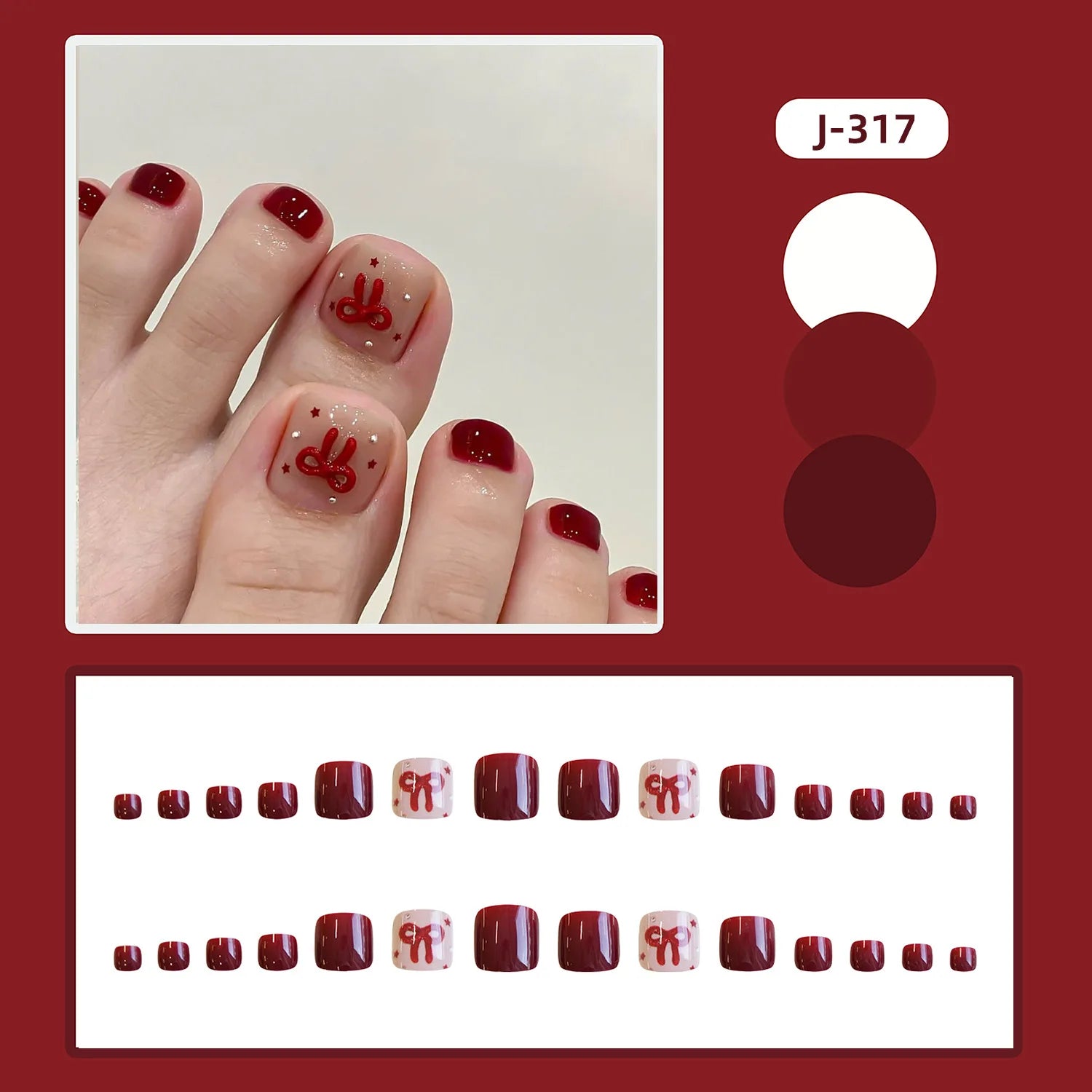 24pcs Summer Cute Press on Toenails Cartoon Cat Bear Print False Toe Nails Wearable Sweet Red Korean Style Fake Toenails