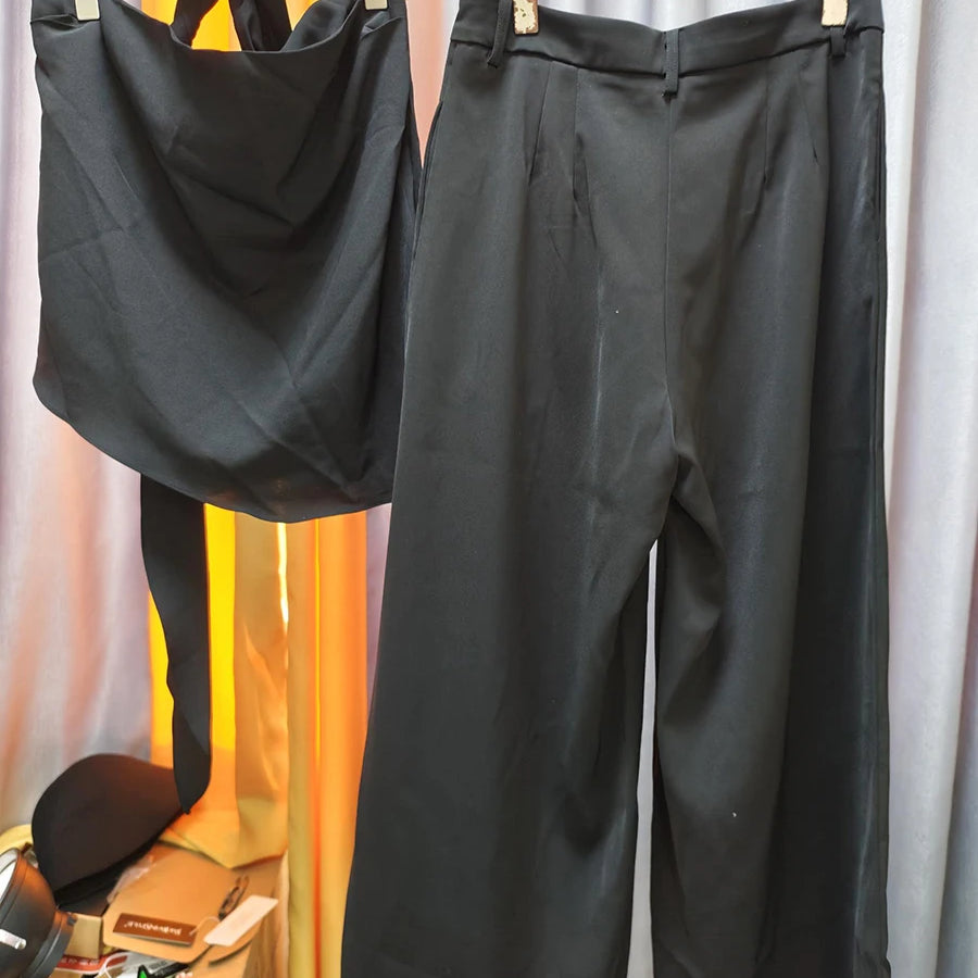 TWOTWINSTYLE Solid Loose Two Piece Sets for Women Halter Neck Sleeveless Irregular Top High Waist Wide Leg Pants Set Female New