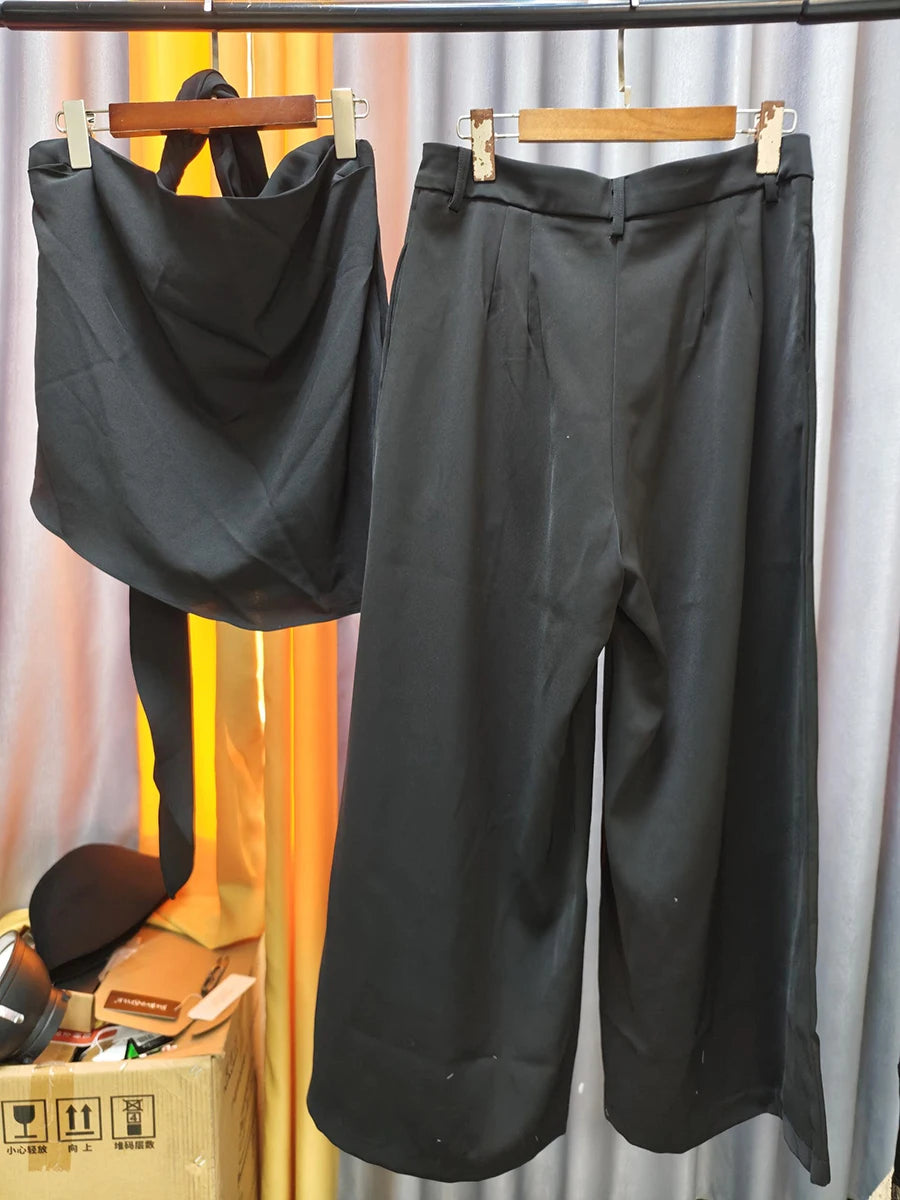 TWOTWINSTYLE Solid Loose Two Piece Sets for Women Halter Neck Sleeveless Irregular Top High Waist Wide Leg Pants Set Female New