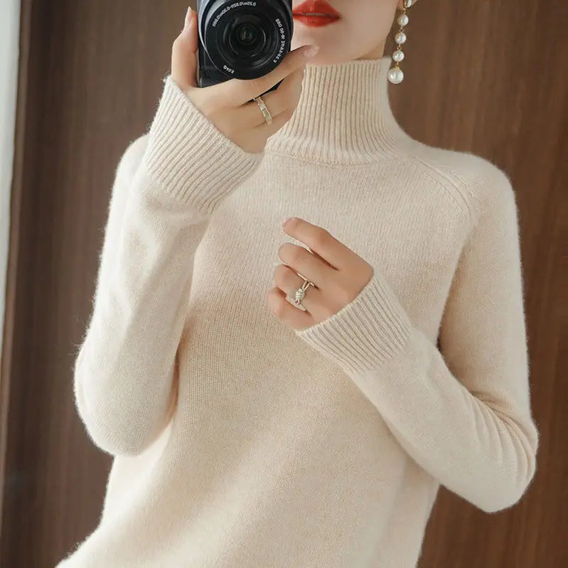 Turtleneck Pullover Fall/winter 2023 Cashmere Sweater Women Pure Color Casual Long-sleeved Loose Pullover Bottoming Women's Light Beige