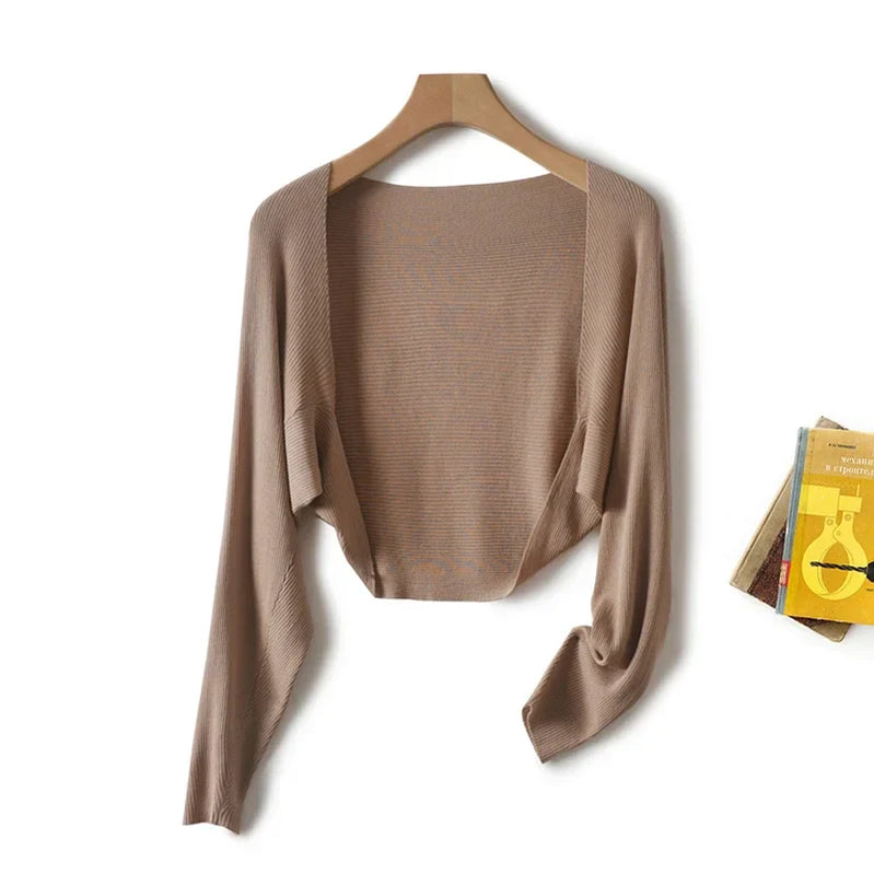 Linen "Ice Silk" Women Sun Protection Cover Ups Long Sleeve Knitted Shawl Thin Summer Relax Cardigan Cape Outerwear Shirt Loose Camel Onesize (M)