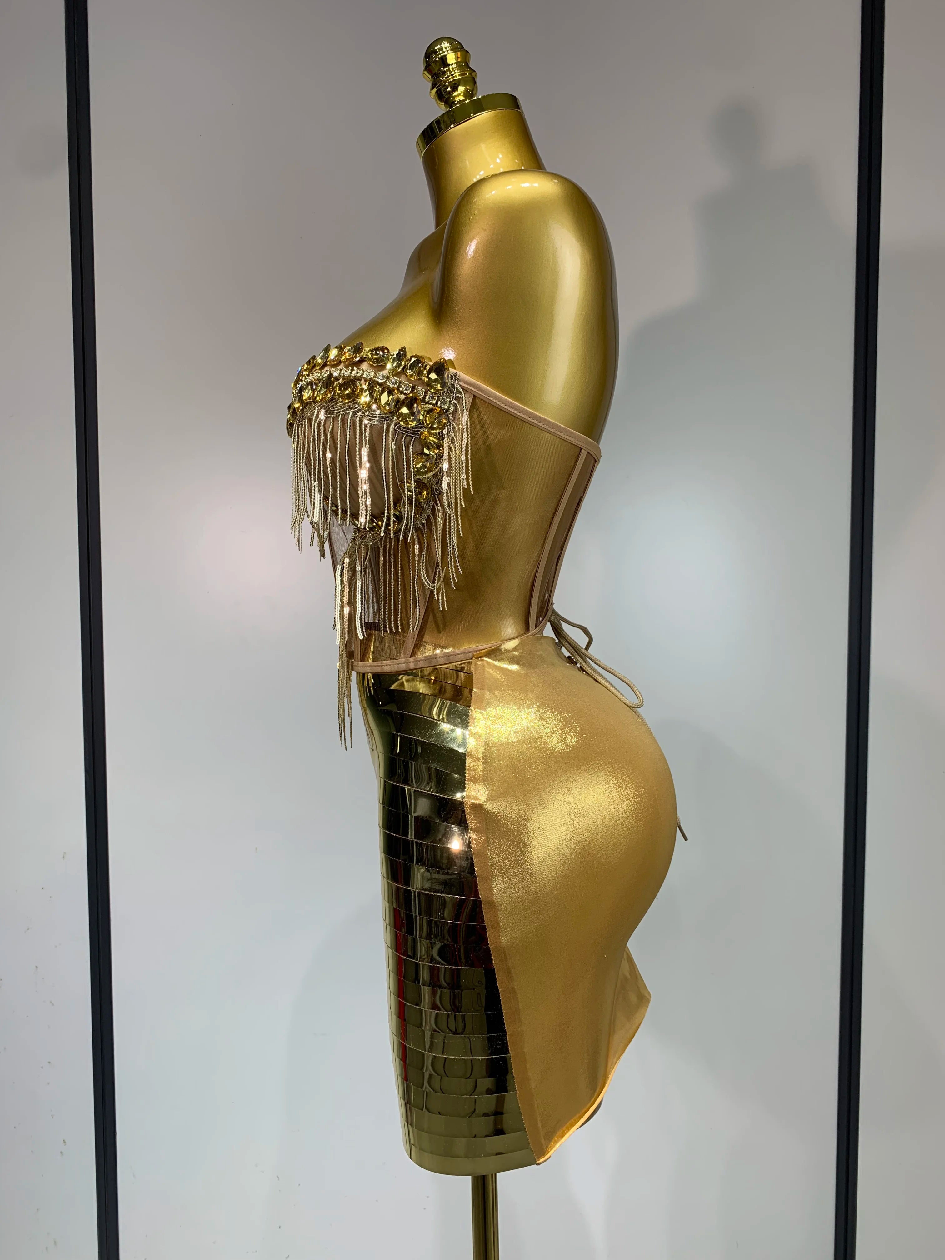 2025 Sparkly Gold Rhinstones tassels Top Skirt Set Women Sexy Strapless Designer Two Pieces Nightclub Evening Party Stage Outfit