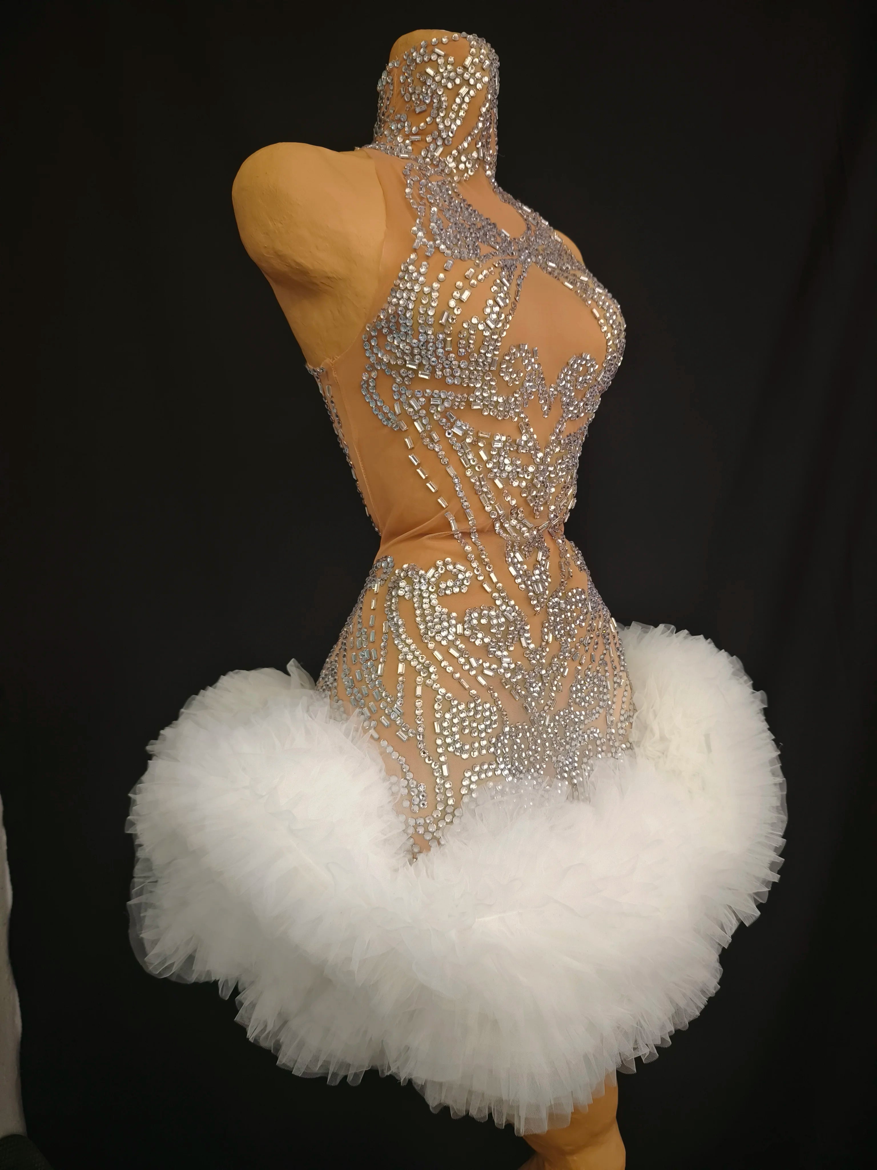 Women Sexy Mesh Nude Stretchy Sleeveless Night Club See Through Singer Dancer tage Costume Mini Party Dress