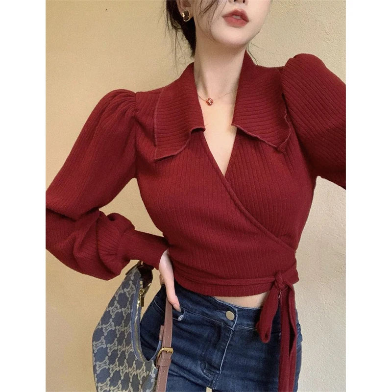 Vintage Cropped Sweater Women Bandage Knitted Pullovers Streetwear Korean Lantern Sleeve Knitwear Elegant Bodycon Jumpers