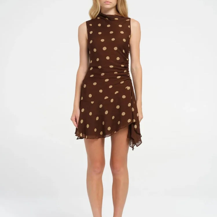 Sleeveless Polka Dot Dress For Woman Fashion Brown Print Mesh O Neck Ruched Mini Dress Elegant Irregular Dresses