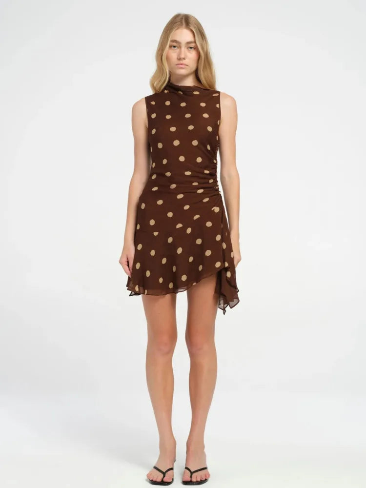 Sleeveless Polka Dot Dress For Woman Fashion Brown Print Mesh O Neck Ruched Mini Dress Elegant Irregular Dresses