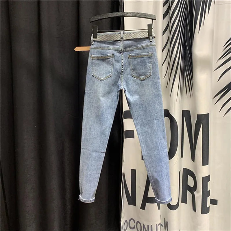 Streetwear Women Clothing High Waist Beading Jeans New Thin Slim Sequined Female Pencil Denim Pants Spring Summer Pantalon Femme