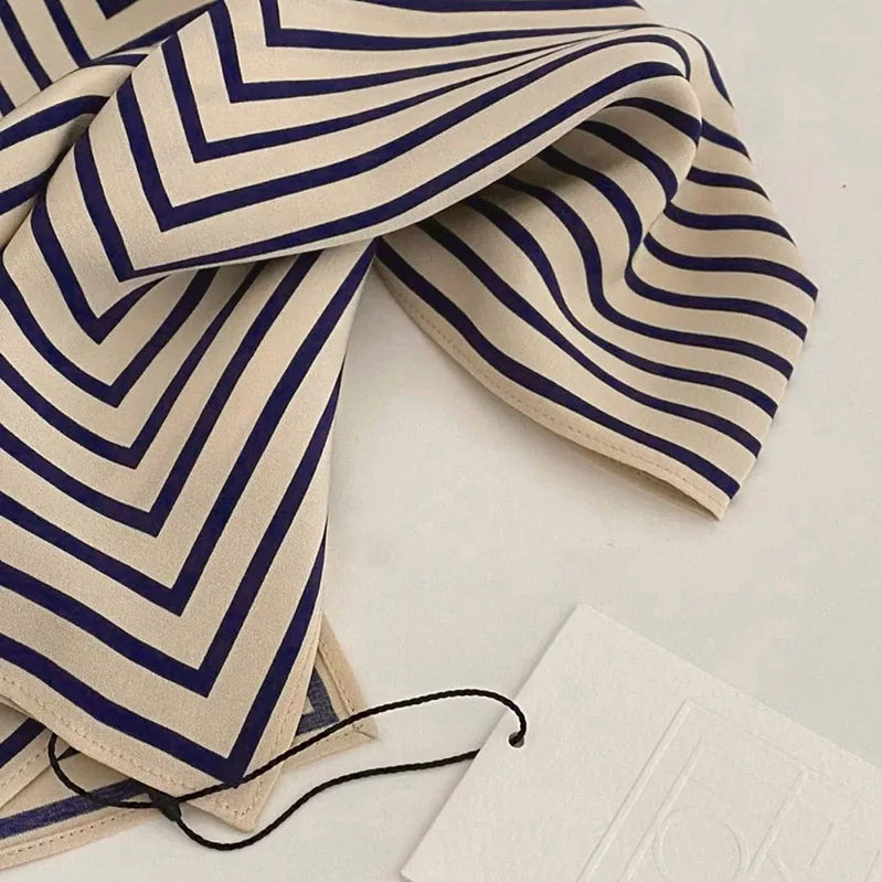Letter Stripe Printted Silk Square Scarf For Women 100% Silk Headscarf Bandanas Brand Female Fashion Neckerchief Designer Scarve navy beige