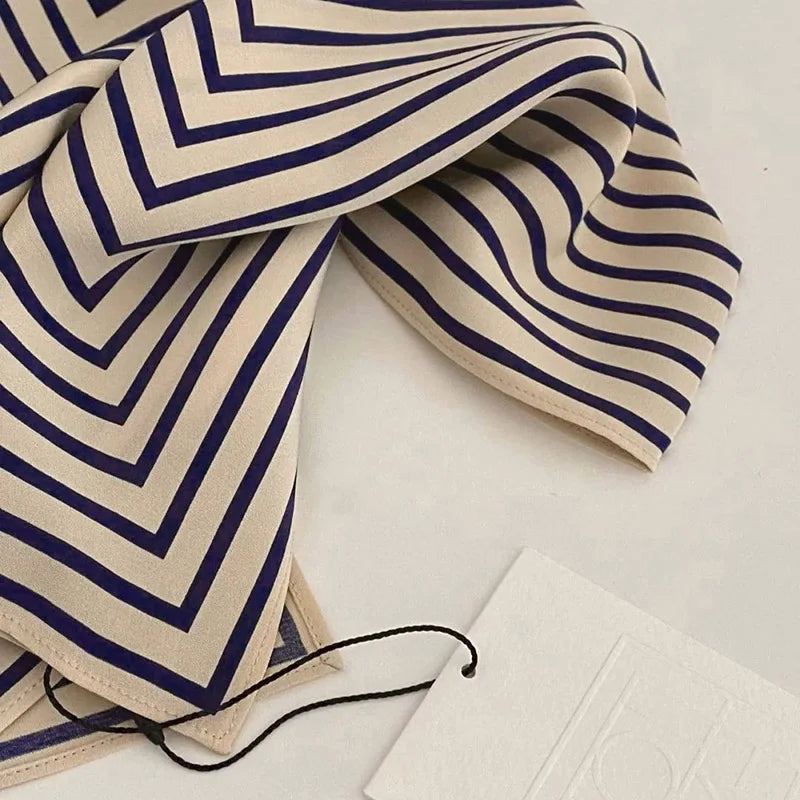 Letter Stripe Printted Silk Square Scarf For Women 100% Silk Headscarf Bandanas Brand Female Fashion Neckerchief Designer Scarve navy beige