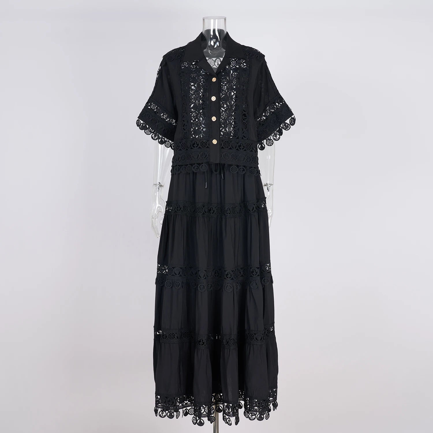 Summer Holiday Embroidery 2 Piece Sets Women Hollow Out Loose Shirt Top + Elastic Waist Maxi Skirts Suits Streetwear Y2k Outfits