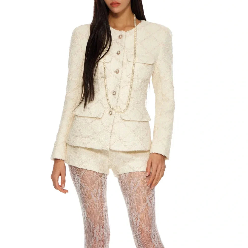 Solid Temperament Two Piece Sets For Women O Neck Long Sleeve Coat High Waist Shorts Elegant Set Female Fashion New