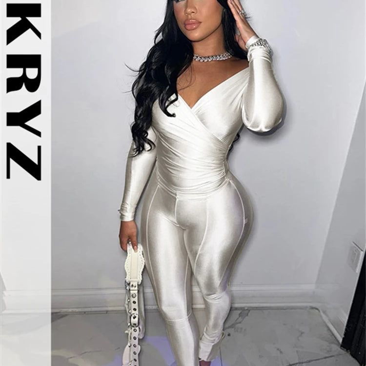 Ladies Off Shoulder Night Clubwear Y2K 2 Piece Long Sleeve V-Neck Folds Tees+Pencil Pants Fashion Club Streetwear Women Outfits